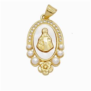 Virgin Mary Charms Copper Pendant Pave Zirconia Shell Resin 18K Gold Plated, approx 15-23mm