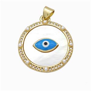 Blue Evil Eye Charms Copper Pendant Pave Zirconia Shell Resin Enamel 18K Gold Plated, approx 22mm