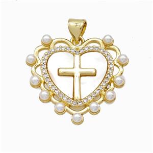 Copper Cross Pendant Pave Zirconia Shell Resin Heart 18K Gold Plated, approx 25mm