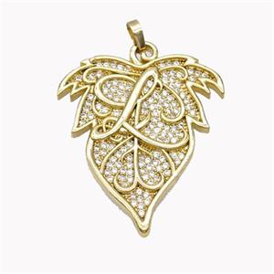 Copper Leaf Pendant Micropave Zirconia Gold Plated, approx 33-38mm