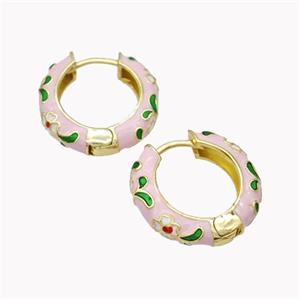 Copper Hoop Earrings Pink Enamel Flower Gold Plated, approx 20mm