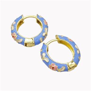 Copper Hoop Earrings Blue Enamel Flower Gold Plated, approx 20mm