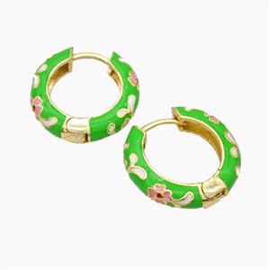 Copper Hoop Earrings Green Enamel Flower Gold Plated, approx 20mm