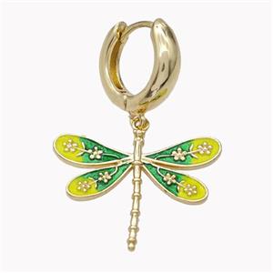 Copper Hoop Earrings With Dragonfly Green Yellow Enamel Gold Plated, approx 20-25mm, 15mm dia