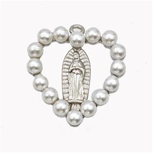 Virgin Mary Charms Copper Heart Pendant Pave Pearlized Resin Platinum Plated, approx 18mm