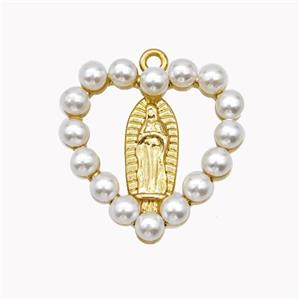 Virgin Mary Charms Copper Heart Pendant Pave Pearlized Resin Gold Plated, approx 18mm