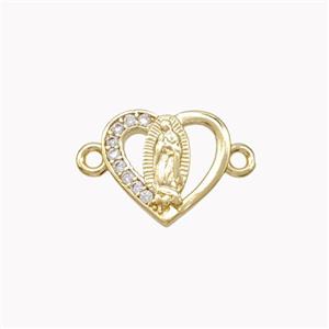 Virgin Mary Charms Copper Heart Connector Pave Zirconia Gold Plated, approx 12mm