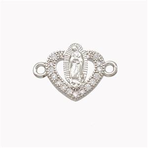 Virgin Mary Charms Copper Heart Connector Pave Zirconia Platinum Plated, approx 12.5mm