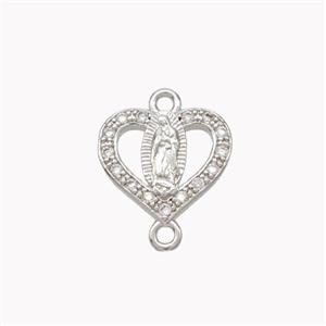 Virgin Mary Charms Copper Heart Connector Pave Zirconia Platinum Plated, approx 12mm