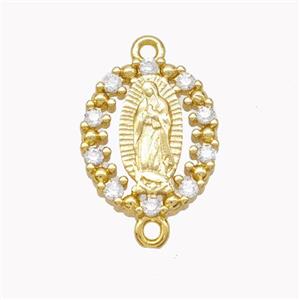 Virgin Mary Charms Copper Oval Connector Pave Zirconia Gold Plated, approx 12.5-15mm