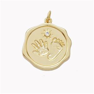 Copper Hand Footprint Pendant Pave Zirconia Circle Gold Plated, approx 20mm