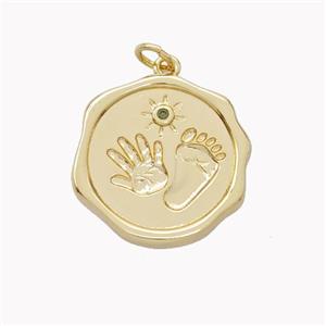 Copper Hand Footprint Pendant Pave Zirconia Circle Gold Plated, approx 20mm