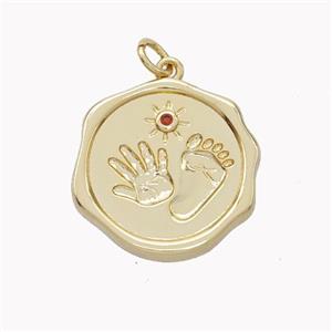 Copper Hand Footprint Pendant Pave Zirconia Circle Gold Plated, approx 20mm