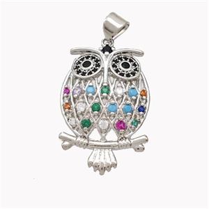 Copper Owl Pendant Pave Multicolor Zirconia Birds Platinum Plated, approx 18-25mm