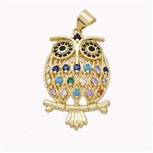 Copper Owl Pendant Pave Multicolor Zirconia Birds Gold Plated, approx 18-25mm