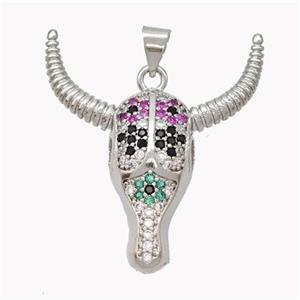 Copper Bullhead Pendant Pave Multicolor Zirconia Platinum Plated, approx 28-30mm