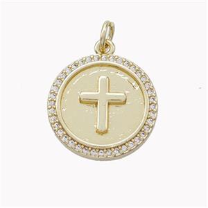 Copper Cross Coin Pendant Pave Zirconia Gold Plated, approx 17mm