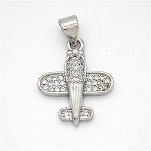 Copper Airplane Pendant Micropave Zirconia Platinum Plated, approx 15-16mm