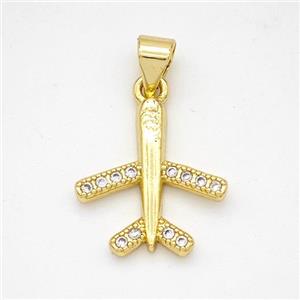 Copper Airplane Pendant Micropave Zirconia Gold Plated, approx 15-16mm