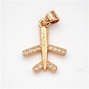 Copper Airplane Pendant Micropave Zirconia Rose Gold, approx 15-16mm