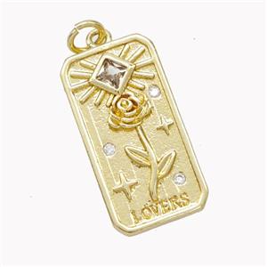 Copper Tarot Card Pendant Pave Zirconia Flower Gold Plated, approx 12-23mm