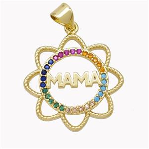 Copper MAMA Flower Pendant Pave Zirconia Gold Plated, approx 22mm