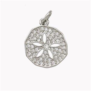 Copper Flower Pendant Pave Zirconia Circle Platinum Plated, approx 13mm