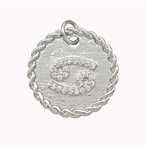 Sign Of Cancer Copper Circle Pendant Pave Zirconia Zodiac Platinum Plated, approx 18mm