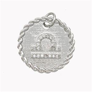 Sign Of Libra Copper Circle Pendant Pave Zirconia Zodiac Platinum Plated, approx 18mm