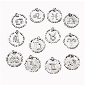 Sign Of Zodiac Copper Circle Pendant Pave Zirconia Platinum Plated Mixed, approx 18mm