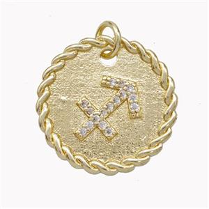 Sign Of Sagittarius Copper Circle Pendant Pave Zirconia Zodiac Gold Plated, approx 18mm