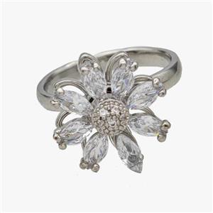 Copper Flower Rings Pave Zirconia Rotatable Adjustable Platinum Plated, approx 17mm, 18mm dia