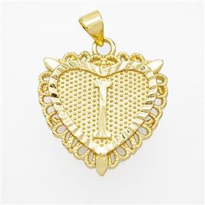 Copper Heart Pendant Letter-I Gold Plated, approx 22mm