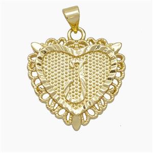 Copper Heart Pendant Letter-J Gold Plated, approx 22mm