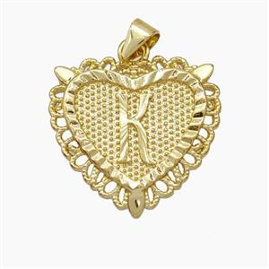 Copper Heart Pendant Letter-K Gold Plated, approx 22mm