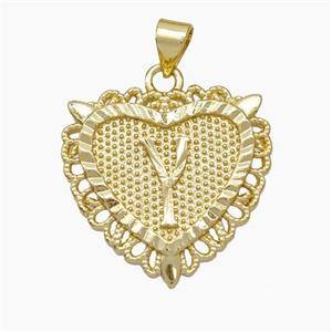 Copper Heart Pendant Letter-Y Gold Plated, approx 22mm