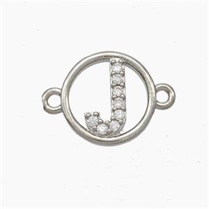 Copper Letter-J Connector Pave Zirconia Circle Platinum Plated, approx 13mm