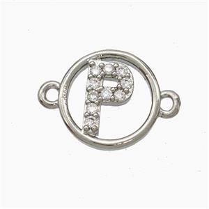 Copper Letter-P Connector Pave Zirconia Circle Platinum Plated, approx 13mm