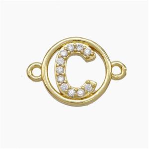 Copper Letter-C Connector Pave Zirconia Circle Gold Plated, approx 13mm