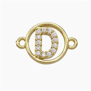 Copper Letter-D Connector Pave Zirconia Circle Gold Plated, approx 13mm