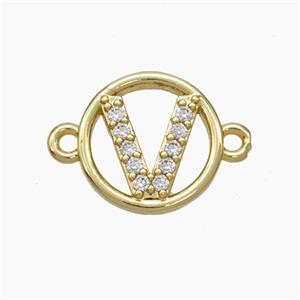 Copper Letter-V Connector Pave Zirconia Circle Gold Plated, approx 13mm