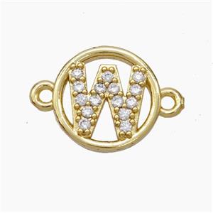 Copper Letter-W Connector Pave Zirconia Circle Gold Plated, approx 13mm