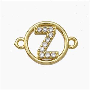 Copper Letter-Z Connector Pave Zirconia Circle Gold Plated, approx 13mm