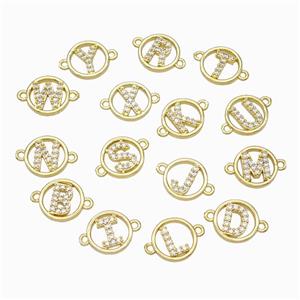 Copper Alphabet Connector Pave Zirconia Mix Letters Circle Gold Plated, approx 13mm