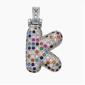Copper Letter-K Pendant Micropave Zirconia Platinum Plated, approx 15-20mm, 5-8mm