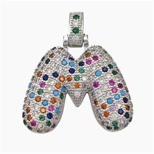 Copper Letter-M Pendant Micropave Zirconia Platinum Plated, approx 15-20mm, 5-8mm