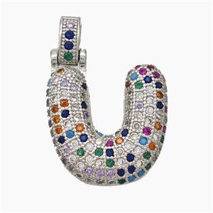 Copper Letter-U Pendant Micropave Zirconia Platinum Plated, approx 15-20mm, 5-8mm