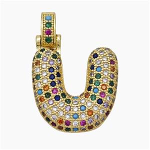 Copper Letter-U Pendant Micropave Zirconia Gold Plated, approx 15-20mm, 5-8mm
