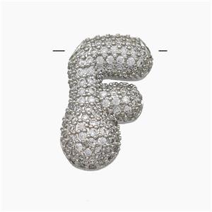 Copper Letter-F Pendant Pave Zirconia Platinum Plated, approx 15-22mm