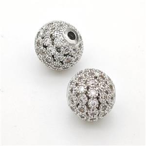 Round Copper Beads Micropave Zirconia Hollow Platinum Plated, approx 10mm